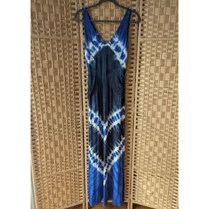 INC International Concepts Blue Tie Dye V-Neck Ruched Maxi Dress Womens M Beach